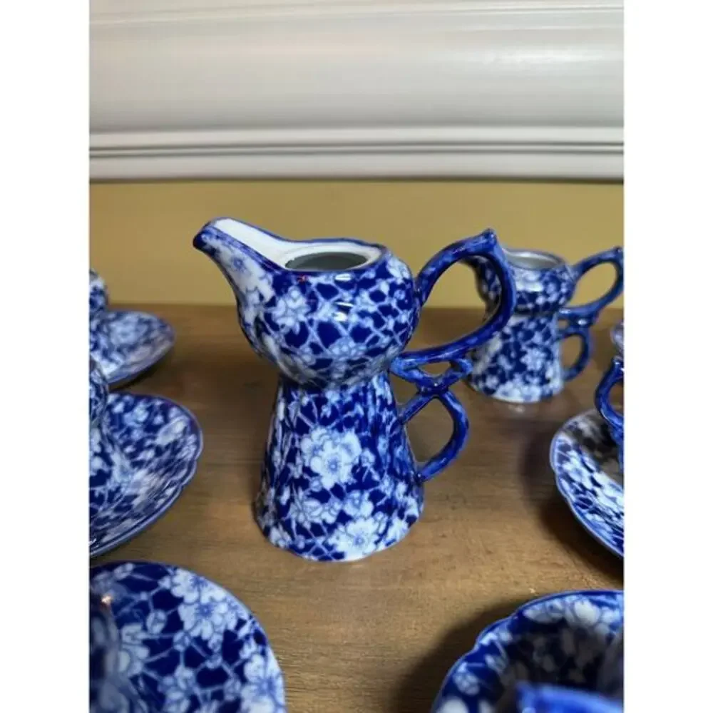 Victoria Ware Stoneware Small‎ Tea Cups Saucers Sugar Creamer Cobalt Flue Floral